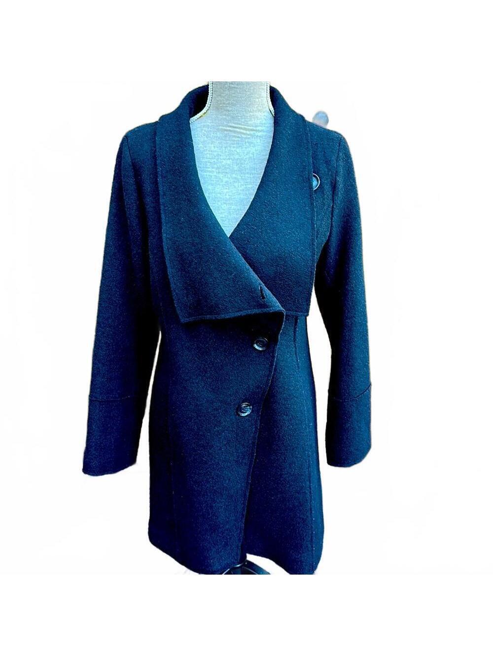 Halogen Women's Black A-Line Trench Coat Size S Asymmetrical Button Closure